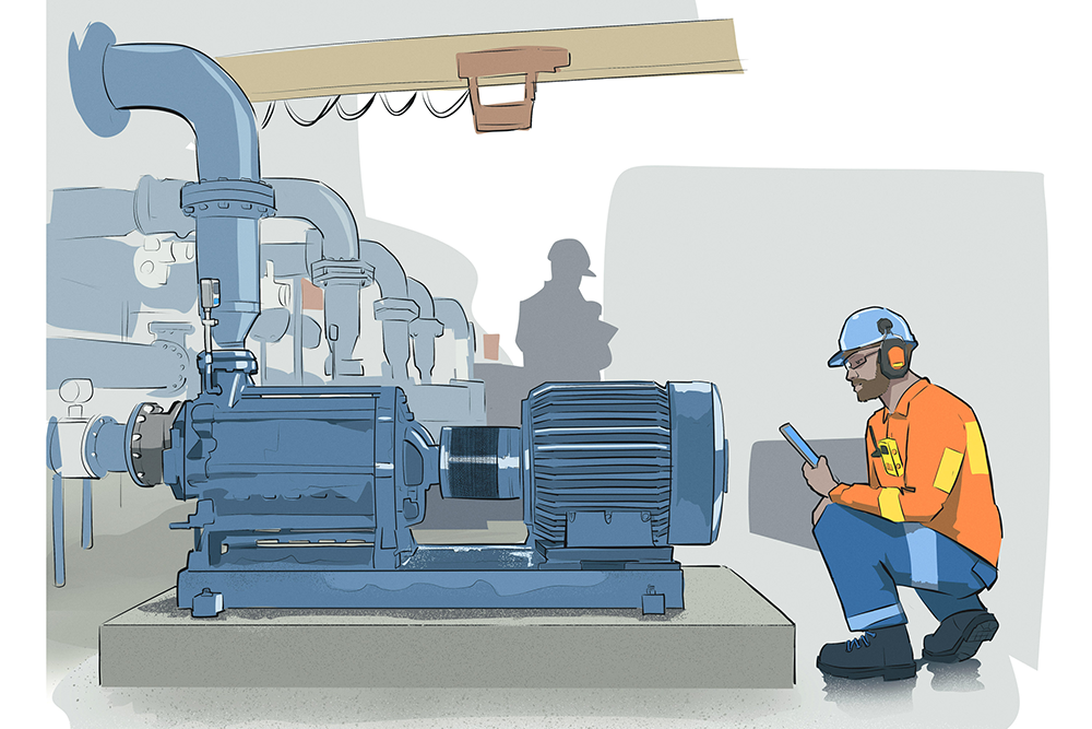 Illustration of a man with ear protection and a tablet in his hands kneels in front of an industrial plant