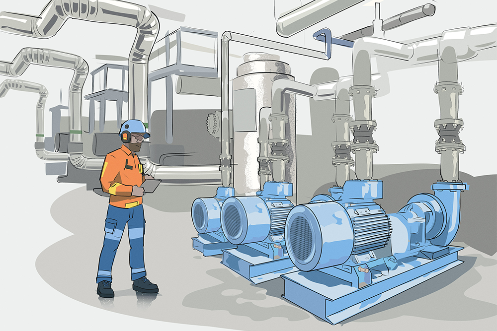 Illustration of a man with ear protection and a tablet in his hands stands in front of an industrial plant