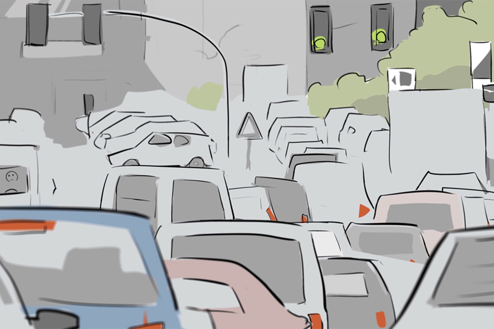 Illustration of a street with a traffic jam
