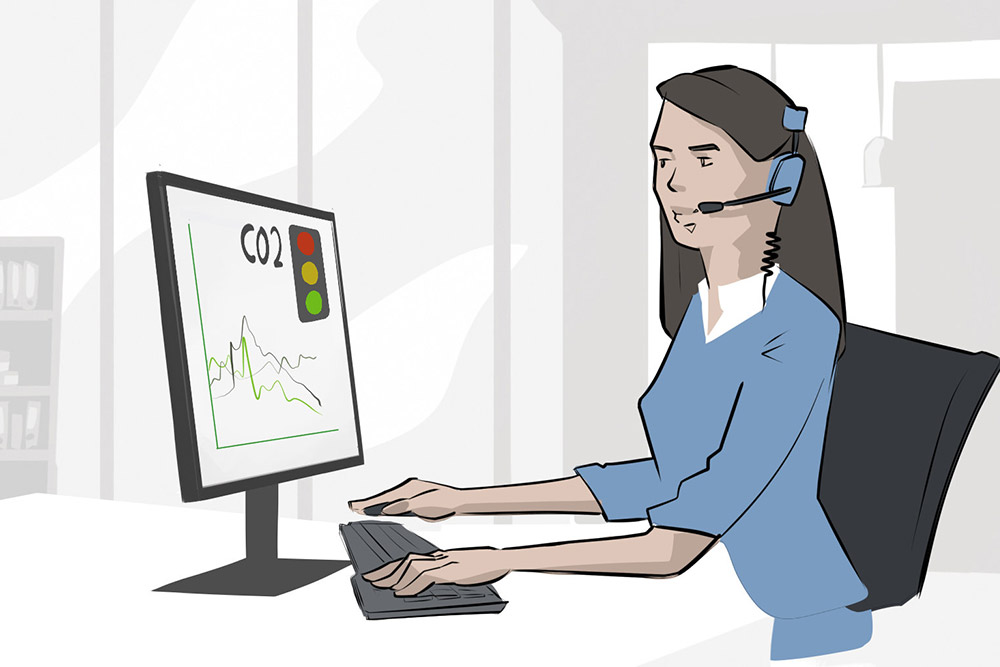 Illustration of a woman checking on data displayed on a computer screen