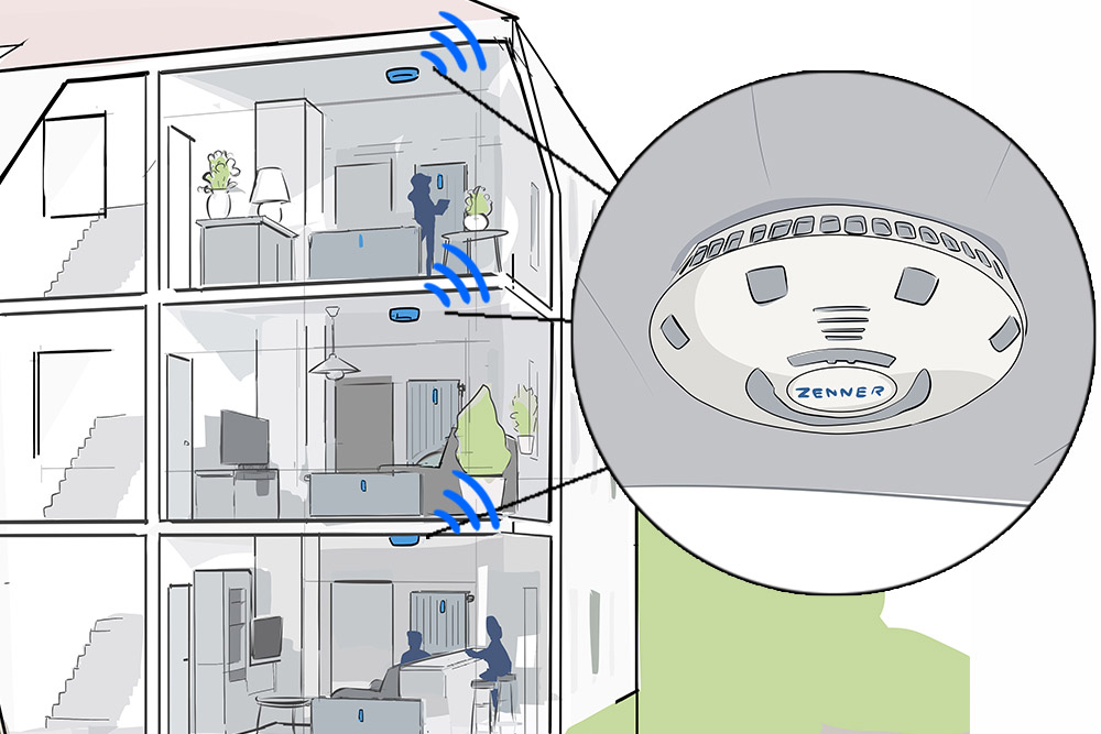 Illustration of a house with smoke detectors for remote inspection