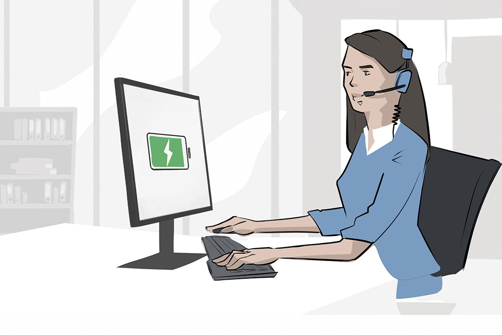Illustration of a woman sitting in front of a screen monitoring the charging status of a battery