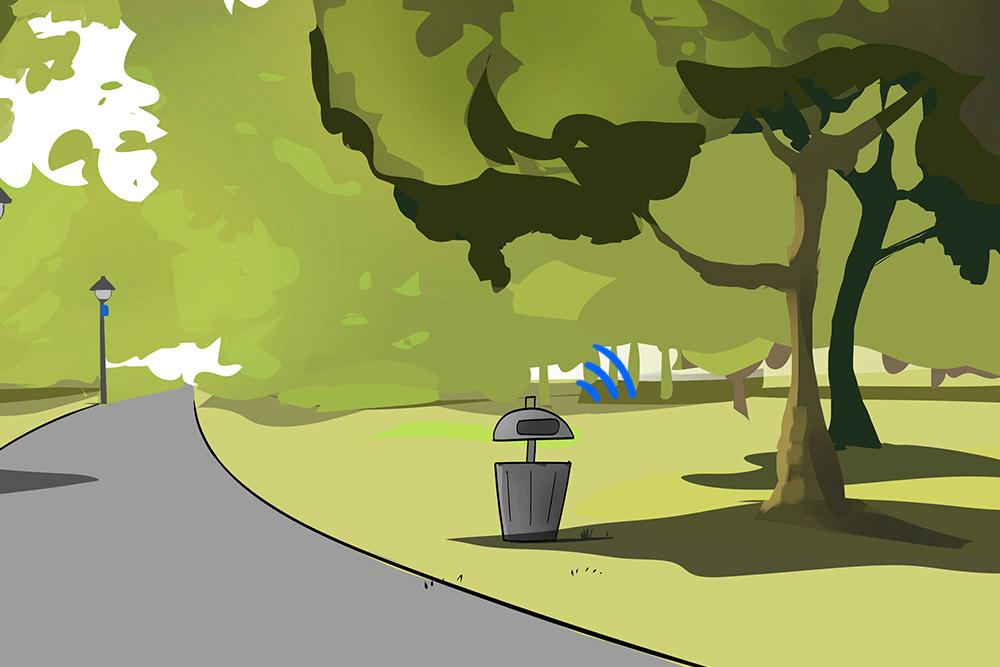 illustration of a rubbish bin in a park with a lorawan sensor