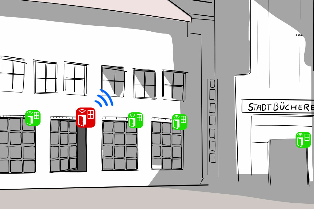 illustation of a house where windows and doors are monitored via LoRaWAN
