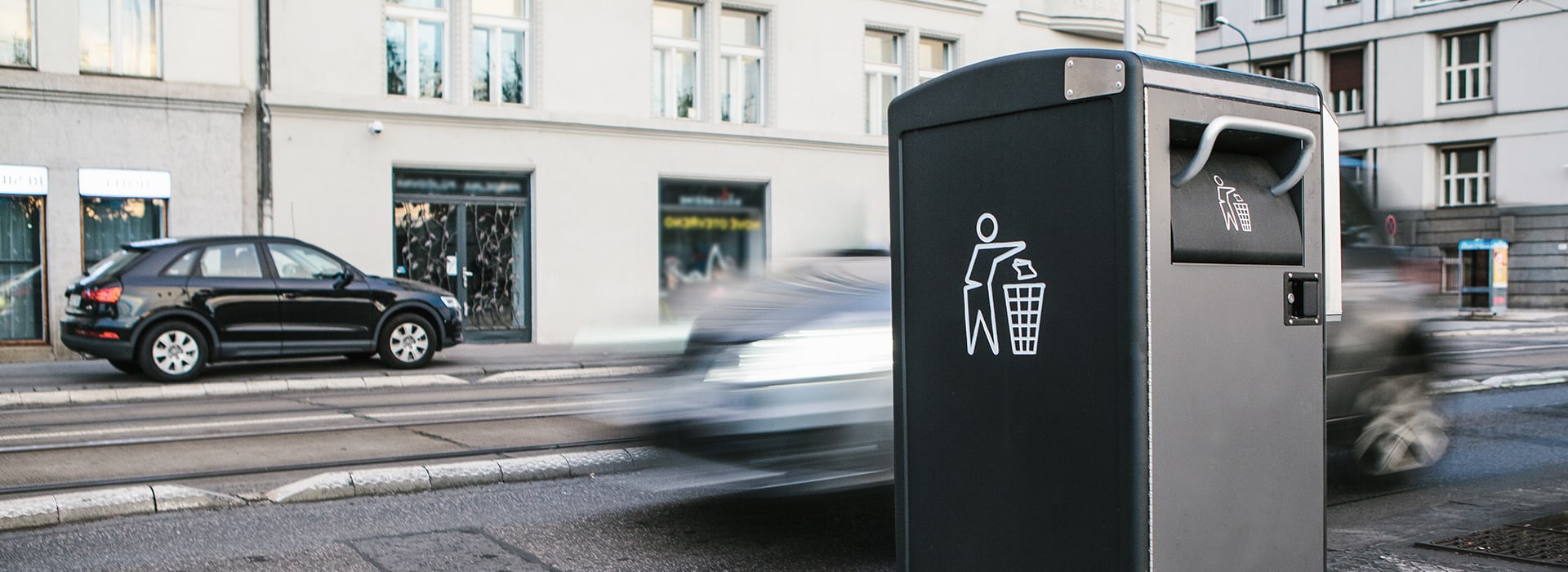Rubbish bin on a road