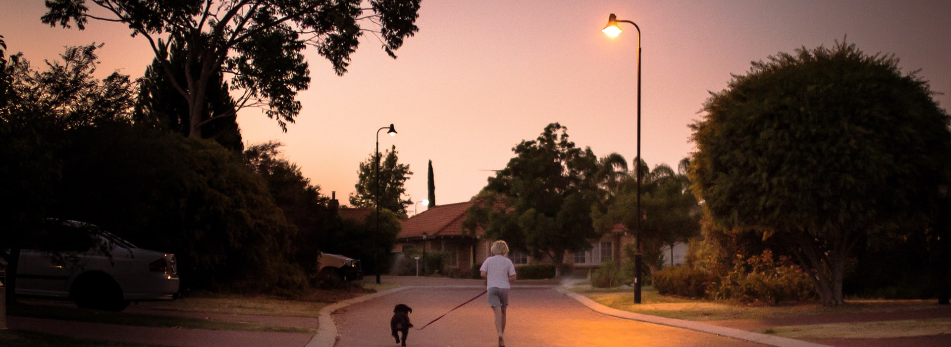 illuminated street at dusk, a woman goes for a walk with her dog