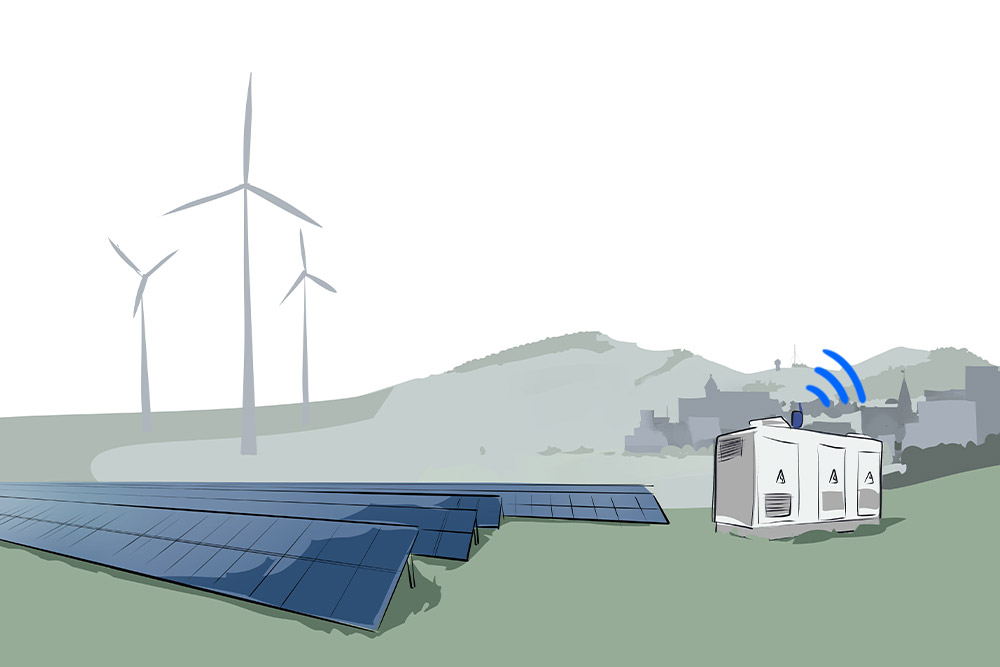 illustration of a solar park with windmill and a transformer station