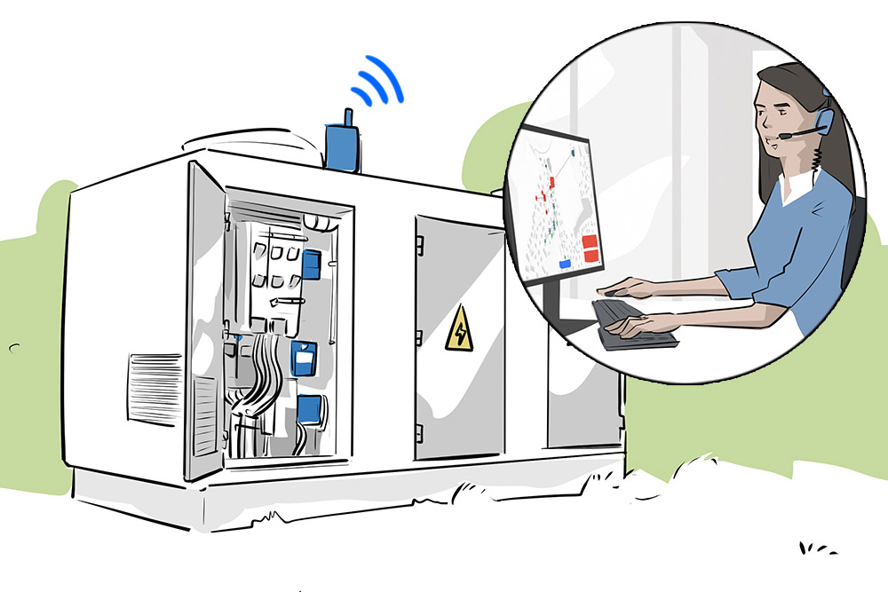 illustration of a transformer station with LoRaWAN sensors and a woman sitting in front of a screen reading out data