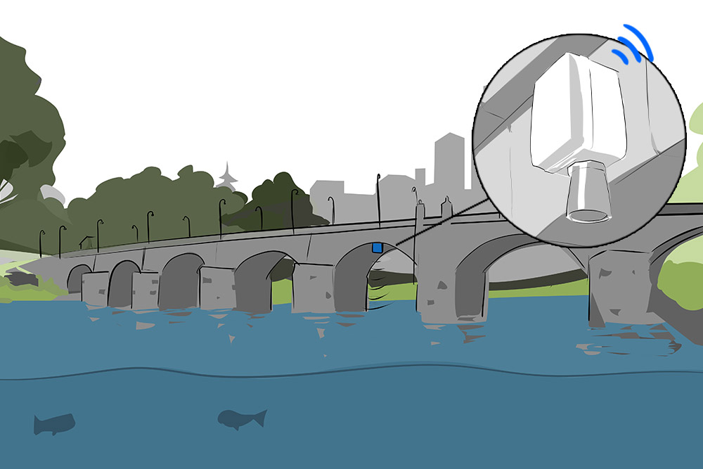 illustration of a bridge over a river with focus on a water level sensor