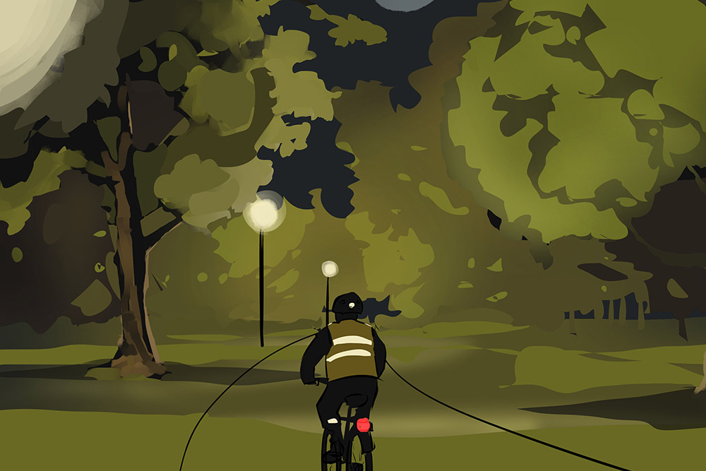 Illustration of a park with illuminated street lamps, a cyclist rides through the park