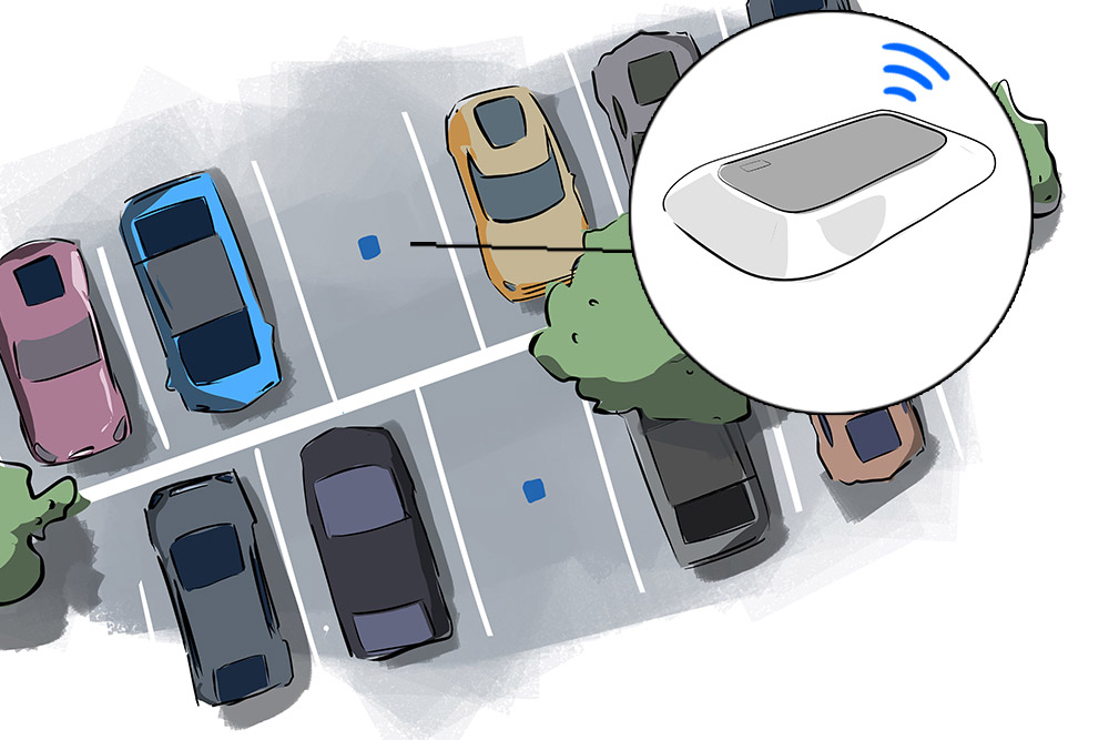 illustration of Top view of a car park with cars and free parking spaces, in the foreground a smart parking sensor