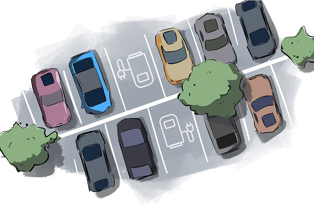 illustration of a car park with integrated e-charging stations