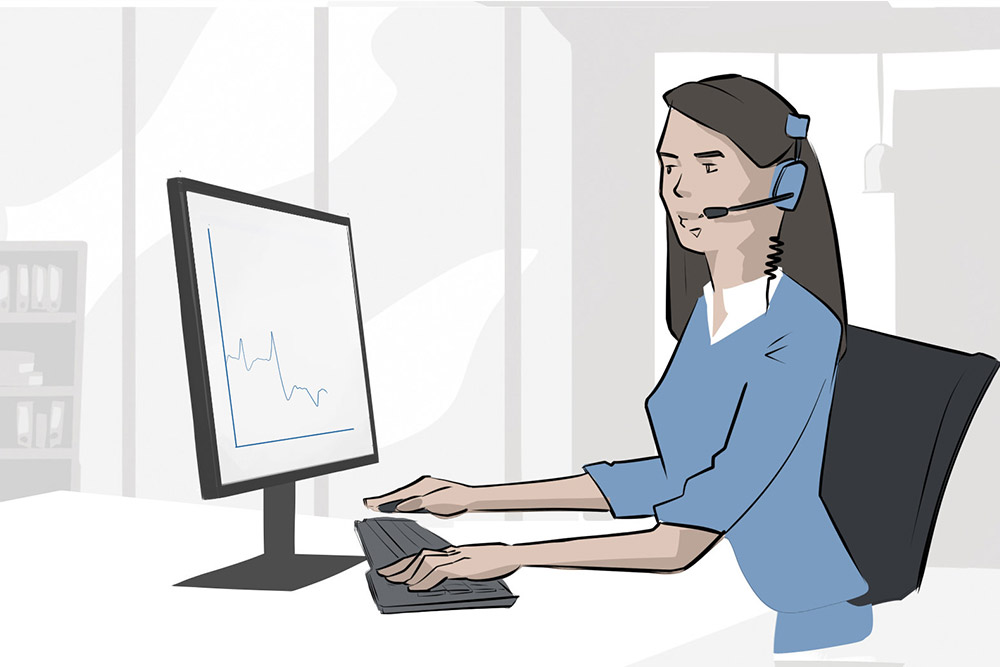 Illustration of a woman in front of a desktop screen showing a line chart created with ZENNER AI.
