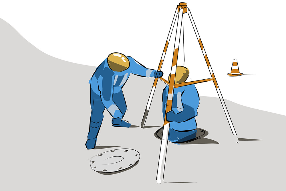 Illustration of reading meters in underground shafts: Two men going into a shaft to read out meters