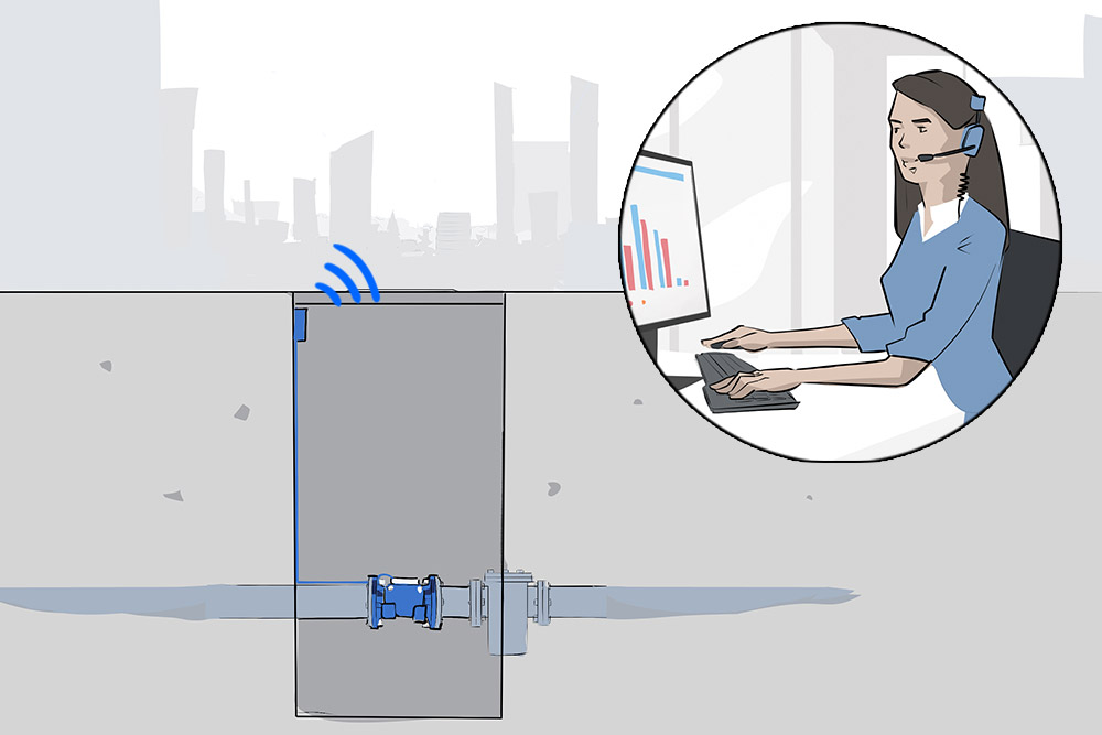 Illustration of reading meters in underground shafts: A woman sits in front of a desktop and looks at data from a underground shaft meter