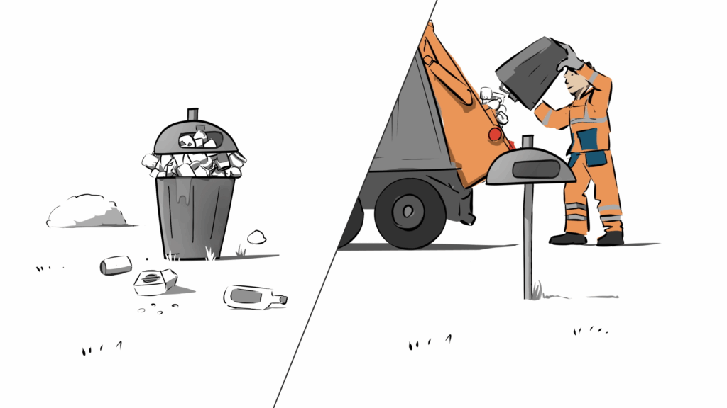 Illustration of a garbage truck emptying a trash can: Smart Waste is being implemented in Wuppertal