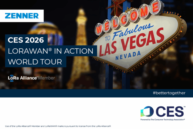 Picture of sign of Las Vergas with event announcement "CES 2026", ZENNER logo, LoRa Alliance® member logo, CES logo