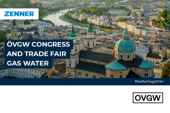 panorama of Salzburg, ZENNER logo and event announcement ÖVGW congress and trade fair gas water